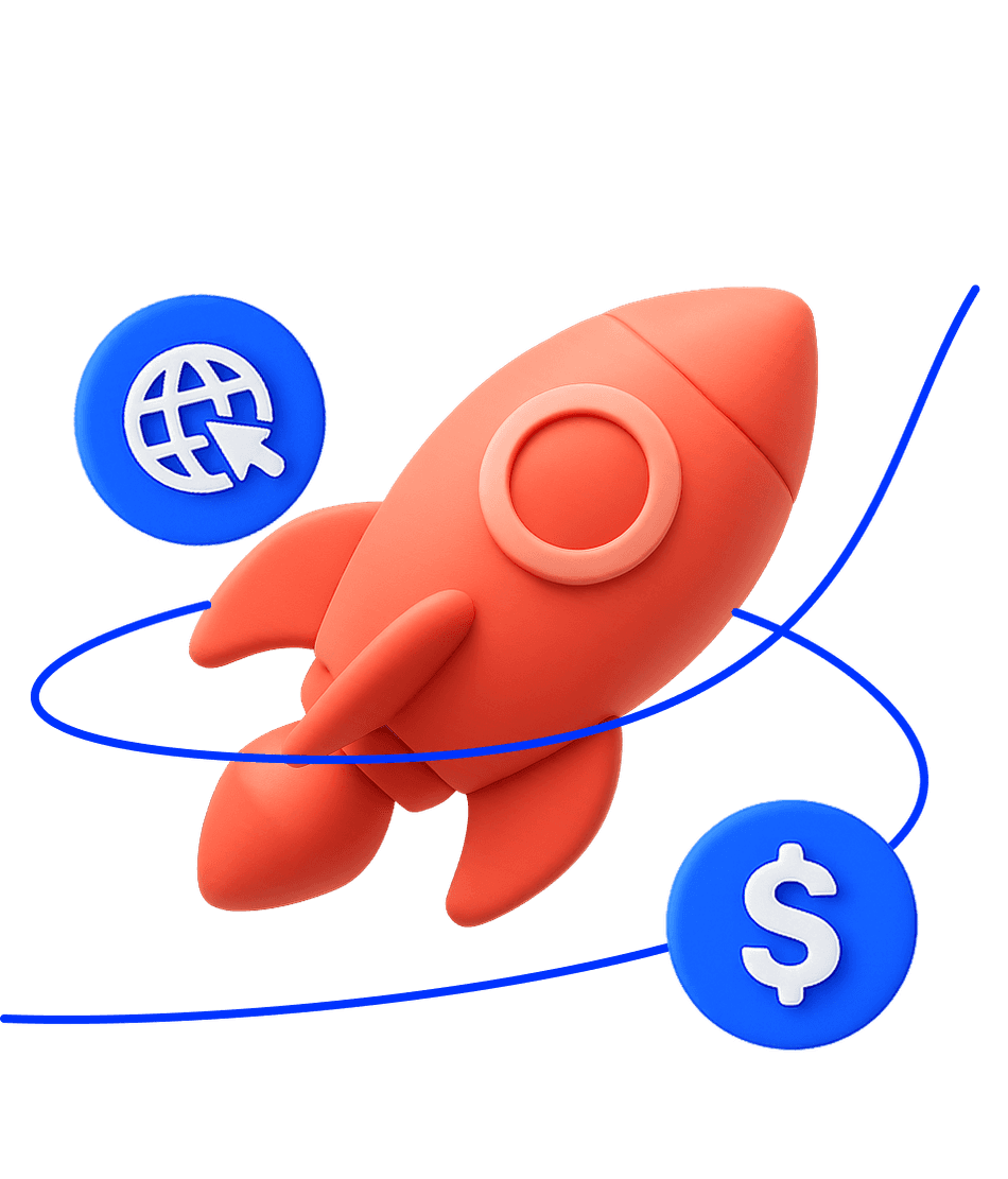 3D rocket with global reach and revenue icons